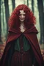 Placeholder: Evil sadistic eighteen-year-old girl, green eyes, blood-red curls, covered with a brown cloak, smiling in the middle of the forest, covered in blood