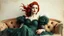 Placeholder: mixed media, multiple exposure, old worn torn plain canvas, grunge, layered, embossed, fine art luminous soft watercolor, glitter, mid-ground, luminosity, highlights, gold fragments, light effects, dark grey-green fragments, dot technique, portrait of Victorian Gothic woman on SOFA, Red hair, light Red lips, fluffiness, wind, airy dark GREEN flowing dress, Fur, swirls, layered, blending, textured, 3D, 8K, best quality, fine rendering, high detail, hyperrealism, high resolution, high definition,