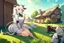 Placeholder: Farm, green grass, house, girl,white hair , sit on grass, cow's tail, cow's horne , cow's under stomach