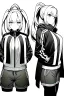 Placeholder: blonde girl with ponytails dressed in a jacket and shorts walks briskly, front view, greyscale