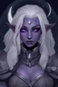 Placeholder: Dungeons and Dragons portrait of the face of a young adult drow rogue blessed by Eilistraee. She has purple eyes, pale armor, white hair, and is surrounded by moonlight