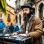 Placeholder: A short brown beard DJ with a hat on his head sing at microphone, the DJ console, many electronic consoles around, play middle street of medieval city, FRONT VIEW