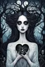 Placeholder: illustration from a surreal ghostly woman with ghostly white skin in Tim Burton style, high details, surrounded by various strange mystic trees. Her eyes are close open, and her is long messy dark hair. she holding a black heart, adding a unique surreal and sinister style to the artwork, etheral, weird plants, otherworldly, dark mood, cinematic