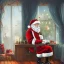 Placeholder: a painting of santa claus sitting next to a window during winter time with a candle lighten up on his desk