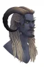 Placeholder: A tieffelin with blue skin and white Dreadlock hair. His pupil-less eyes are green. He wears a small beard.