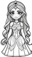 Placeholder: black and white, LOGO ((white background,)) coloring drawing page, cartoon, style pixar, line art, All body, beautiful cute princess ARAB, BEAUTIFUL DRESSES, with cute LONG hair and eyes, sparkles,