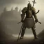 Placeholder: a Midieval knight in metallic gold and grey battle armor, attacking and holding a hockey stick, a highly detailed illustration, background of Celtic castle, realistic render, in style of tomasz alen kopera,