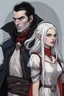 Placeholder: A couple, from the dnd game curse of Strahd. The woman has long white hair and blue eyes, the man has LONG BLACK hair and red eyes, no facial hair. He is standing protectively behind her.