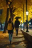 Placeholder: night yellow lights over the street trees autumn leaves under feet ,a Student adult girl with books in her hand walking in street looking to camera a boy walks after she few meters away her back