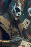 Placeholder: A harlequin character, playing cards with other people , sf, intricate artwork masterpiece, ominous, matte painting movie poster, golden ratio, trending on cgsociety, intricate, epic, trending on artstation, by artgerm, h. r. giger and beksinski, highly detailed, vibrant, production cinematic character render, ultra high quality model