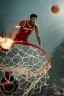 Placeholder: 8k, highly realistic and detailed image of a NBA basketball player in action dunking the ball in the net, sweaty hair, screaming look,action and smoke and flames background