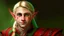 Placeholder: A young elf with blond hair in a single braid, green eyes and a small smile. He is dressed in an artist's costume mixing red and black as the main color.