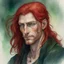 Placeholder: dnd, fantasy, watercolour, large strokes, stylistic, portrait, illustration, dull colours, male, face, narrow long face, weathered face, green eyes, determined, smiling, red hair, very long hair streaming down the shoulders, radiating light, five o'clock shadow