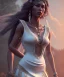 Placeholder: Gipsy, beautiful, curvy body, white fabric dress, beautiful long hair, bandana, long earings, head and shoulders portrait, holding tarot card, 8k resolution concept art portrait by Greg Rutkowski, Unreal Engine 5 volumetric lighting