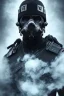 Placeholder: All black German soldier, wearing high tech mask, white smoke, dark, rage, sorrow, high definition, ultra 8 k, volumetric lighting, blue fire, fog