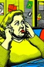 Placeholder: fat woman sitting on sofa listening to radio watching tv news in a room with signs of propaganda in the style of roy lichtenstein