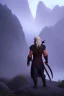 Placeholder: dark elf man, drizzt, fantasy, forest, sunset, mystic, fog render unreal, cave exit, mountain, 2 scimitars