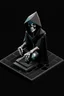 Placeholder: isometric low-poly character of a skeleton in a black hooded cloak,all inside a lighter diamond shape on a black background, monochromatic