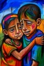 Placeholder: a girl hug her brother and both crying sadly, expressionism, Pixar style, in abstract art Basquiat, Picasso, Miro, Kandinsky, Klee, Birell, Fairey, Ardon, Buffet aand Picasso style, HD --s 750 --v 5.1 --style raw, water color