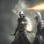 Placeholder: Skull headed knight with armor, big sword, standing still, smoke, realistic, 4K, High Definition, Centered