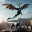 Placeholder: full body photography of hippster, dragon theme art, light happy atmosphere, 8K, close-up face, anatomically perfect face, clouds and sun, ignore NSFW, full body image, Stockholm in the background