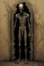 Placeholder: The full body of a prisoner man holding a bat , coming out a broken wall, Scary face , decayed and rotting with grotesque proportions and imagery. abstract grotesqueries, surreal horror, biomechanical design, by hr giger and beksinski