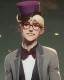 Placeholder: tall young man witbh square glasses, blonde hair and grey eyes. He wears blue shirt, dark tails, bow tie and chimney pot hat. He is laughing