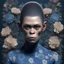 Placeholder: mugshot, Planet of the Apes, blue, large, floral designs, atmospheric, beautiful, China Doll, , dark background, mid shot, full body, neutral expression, buzzcut hair, ultra realistic, highres, superb, 8k wallpaper, extremely detailed, intricate, limited palette,