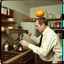 Placeholder: Vintage situational absurd photograph of a man with an Orange for a head pulling a level on a strange retro futurist kitchen contraption, by Joel-Peter Witkin, absurd, weird, 8MM film still that looks aged and damaged