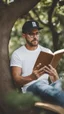 Placeholder: A man wearing a white Dad Hat, wearing glasses, and reading with a tree behind him, high resolution