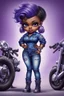 Placeholder: create an airbrush illustration of a chibi cartoon voluptuous black female wearing a blue jean outfit with biker boots. Prominent make up with hazel eyes. Extremely highly detail of a very low purple pixie haircut. Background of a bike show.