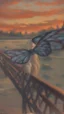 Placeholder: portrait with transparent angel wings like a butterfly on a bridge at sunset, a more intense "scream" mask from the horror movie, that looks like the original painting by Edvard Munch, bokeh like, down-light, unreal engine, prize winning