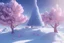 Placeholder: pink tree and snow, night sky ,candyland, sharp, dark, realistic, blender, morning lights