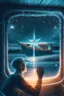 Placeholder: doctor cutting glasses off patient , with background star field seen in the window of a boat, 4 k, trending art, depth of field