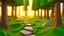 Placeholder: fantasy environment first person view, a path going through a dense green leaf forest, summer warm dusk time, a campfire on the left, blocky 3D low poly cartoon render style, 360 degrees panorama image