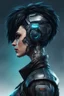 Placeholder: Female black hair cyberpunk netrunner side view realistic