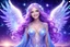 Placeholder: angel cosmic women with long violet hair, light eyes and blue brightness tunic, with a little sweety smile, with big crystal wings, in a background of stars and bright beam in the sky