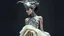 Placeholder: Futuristic steampunk fashion editorial, subtle rococo influences, a slender androgynous model with a pale face, silver abstract nonfigurative tattoos flowing across the face and neck, dark silver and off-white color palette. Wearing an extraordinary long sculptural dress layered over glossy metallic leggings, intricate futuristic steampunk details, elegant mechanical ornaments. Elaborate headpiece combining a decorative hair ornament, rococo hat and futuristic half helmet