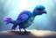 Placeholder: adorable blue and purple bird, elongated like a dino and fluffy like in an dreamlike animation, with a bat face