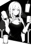 Placeholder: girl drinking a beer, line arts, greyscale