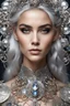 Placeholder: photography ultra realistic portrait natural beauty of young woman, beautiful, shiny hard eyes, make up, shiny baubles, ornate, large gemstones, shiny molten metalics, shiny wire filigree, silver hair, high definition, high res,establishing shot