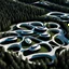 Placeholder: Complex of ten oval cabins, Zaha Hadid style, aerial view, ultra quality, hyper-detailed, digital art, 8k 3D, trees, parking lots, people