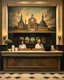 Placeholder: the painting 'american gothic' as hotel staff behind reception counter