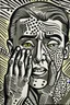 Placeholder: tribal man in grief with hands on face pencil draw style of roy lichtenstein