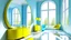Placeholder: interior de una habitacion azul claro con espejos amarillos brillantes de forma ovalada y grandes cuadros modernos en tono blanco con marcos delgados, las paredes son de un azul suave y los suelos de madera oscura, con ventanas altas que dejan entrar mucha luz natural, los cuadros tienen líneas geométricas y formas abstractas en colores pastel, los espejos reflejan la luz y crean un sentido de amplitud en la habitacion, el ambiente es sereno y minimalista con algunos detalles decorativos en tono