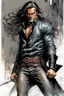 Placeholder: Create a fine art print , illustration of a haggard epic fantasy sword and sorcery thief character with long flowing hair , finely lined and detailed facial features, in an laced leather jerkin, grey leather breeches , a short oriental belted sash at the waist, stealthy soft leather slippers, , in the comic book style of Bill Sienkiewicz, Howard Chaykin, Mike Mignola, Philippe Druillet, and Jean Giraud Moebius, precisely drawn, colored and inked