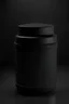 Placeholder: black container, plastic, realism, with screw lid, no labels, round container, view from the front, protein powder, dark studio setting, black background