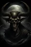 Placeholder: the eldritch embodiment of the moon, the night, the dark, skeleton, large smile, large bull-like horns, rocky skin, no eyes