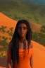 Placeholder: 3D render of a cyberpunk tribal young black woman, black hair, ragged shirt, on a orange dune background, digital art