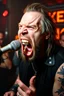Placeholder: A very angry and bitter punk rocker screaming at microphone, very aggresive image in a club house, his name i FOLKE, and the name FOLKE in background